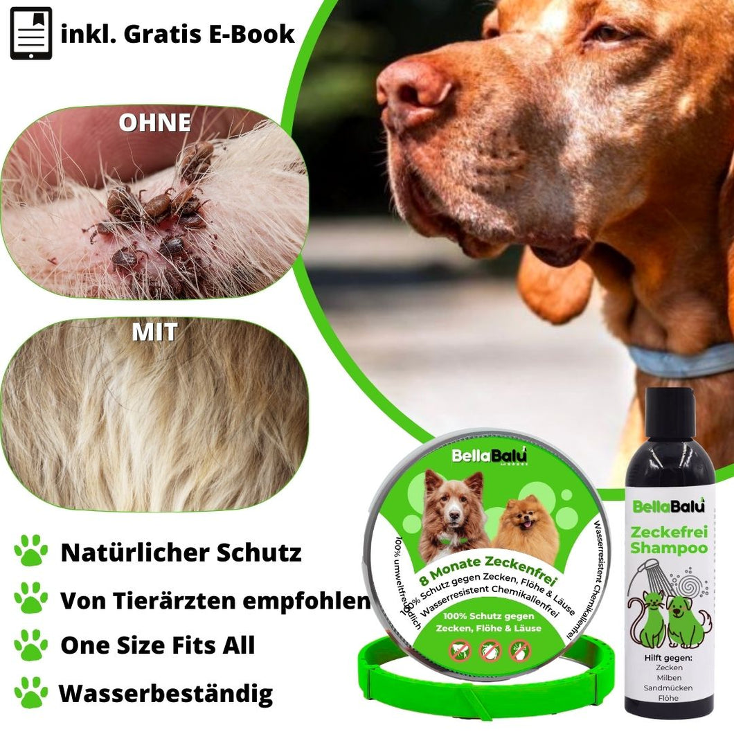 Zeckefrei™ Paket - Zeckenhalsband & Bio Hundeshampoo gegen Zecken und Flöhe inkl. GRATIS eBook für Zeckenbekämpfung